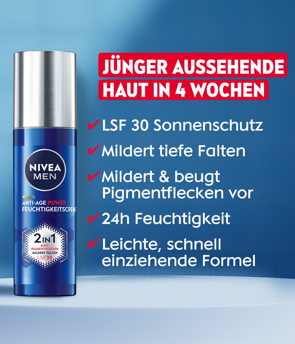 Produktinformationen: LSF 30, mildert Falten, beugt Pigmentflecken vor, 24h Feuchtigkeit, leichte Formel. Text auf blauem Hintergrund.