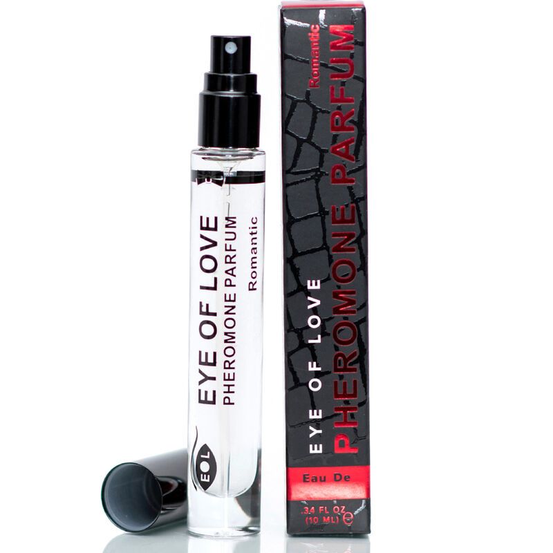 Parfümflasche mit schwarzem Zerstäuber und Karton. Aufschrift: EYE OF LOVE Pheromone Parfum Romantic. Schwarzer Deckel liegt daneben.