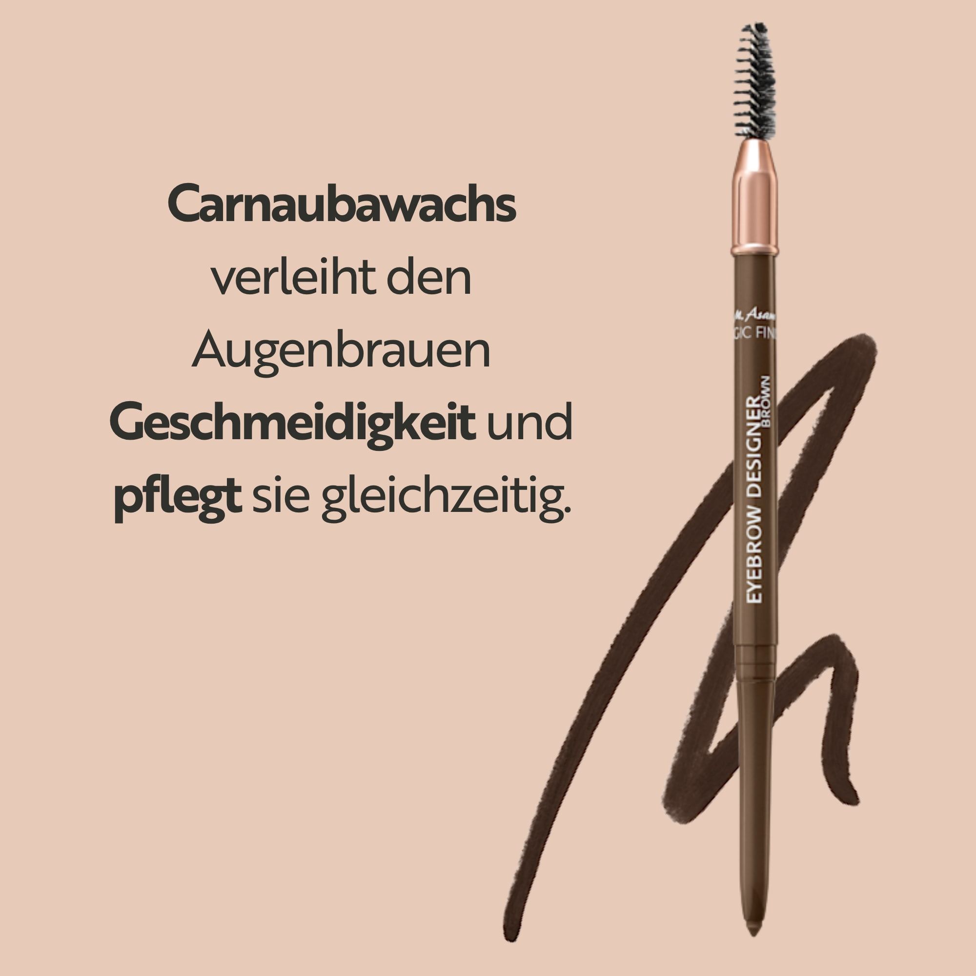Augenbrauenstift mit Text zu Carnaubawachs für Geschmeidigkeit und Pflege.