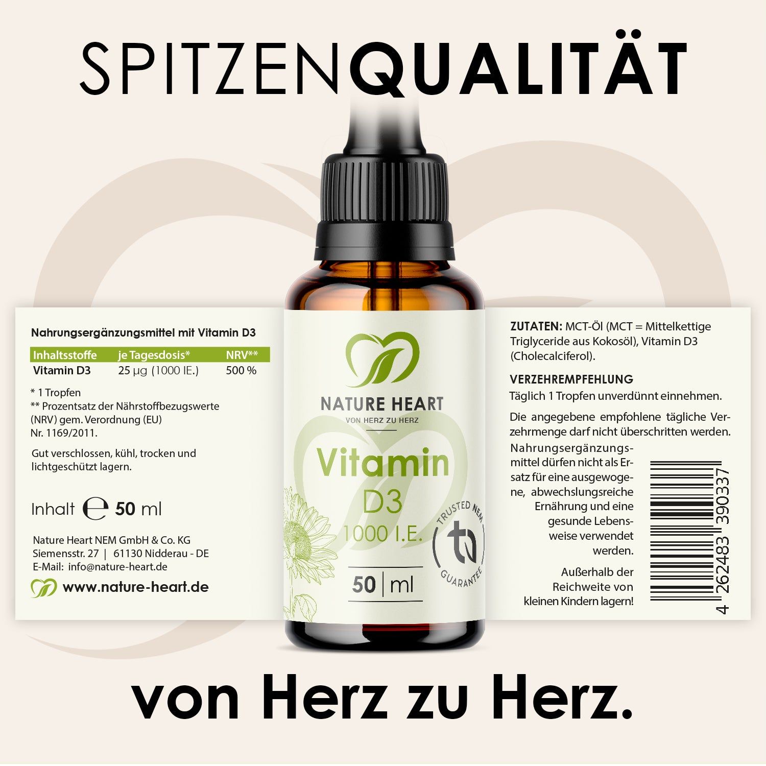 Produktflasche mit Etikett. Text: Vitamin D3 1000 I.E., 50 ml. Inhaltsstoffe und Nährwertangaben. TÜV-Zertifizierung.