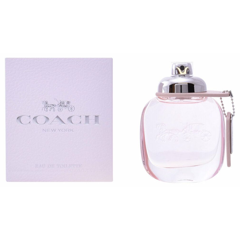 Coach Eau de Toilette. Flakon, rosa Flüssigkeit, hellrosa Etikett, silberner Verschluss. Verpackung mit Logo und Schriftzug.