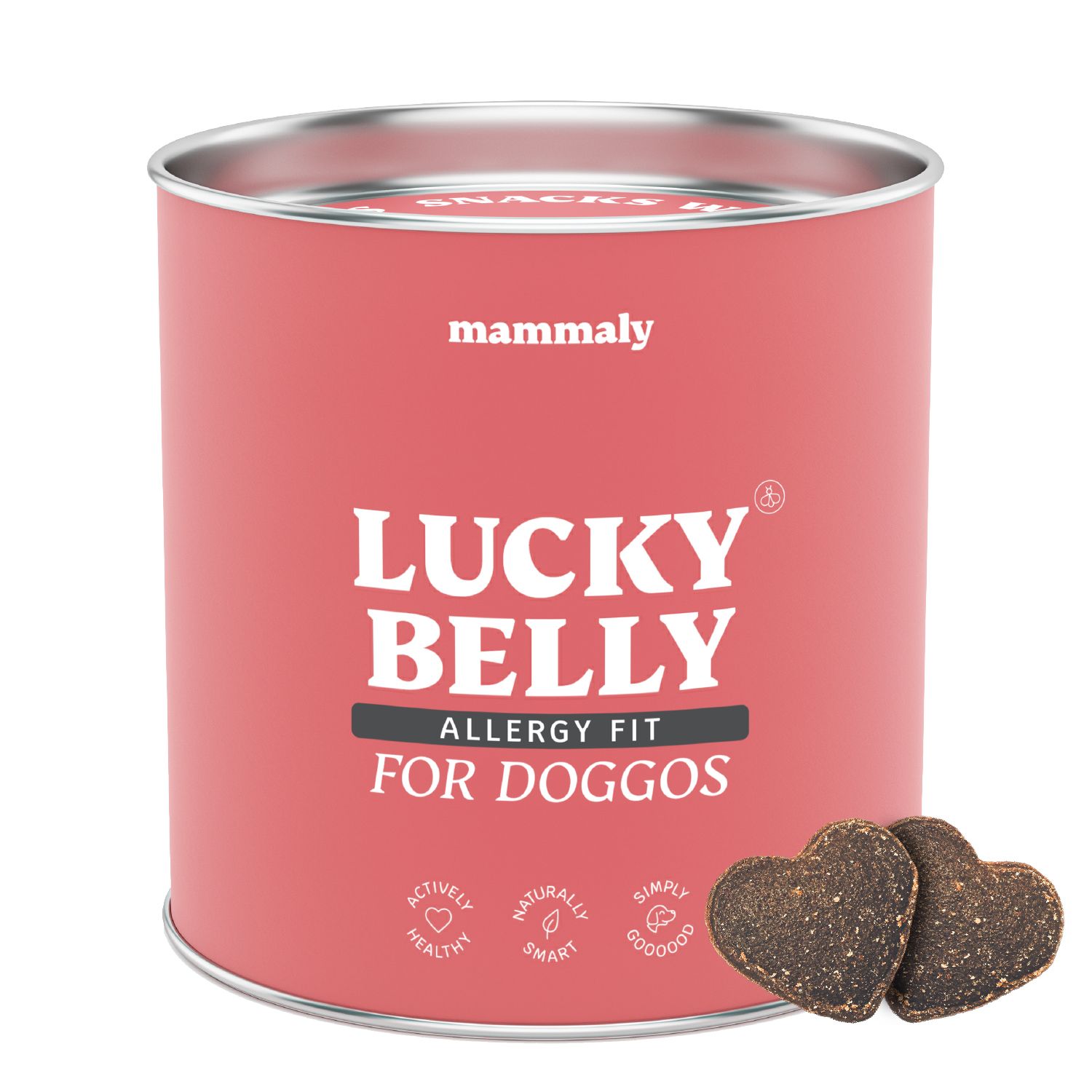 Rosa Dose mit "mammaly Lucky Belly Allergy Fit" und herzförmigen Snacks. Text: "FOR DOGGOS".