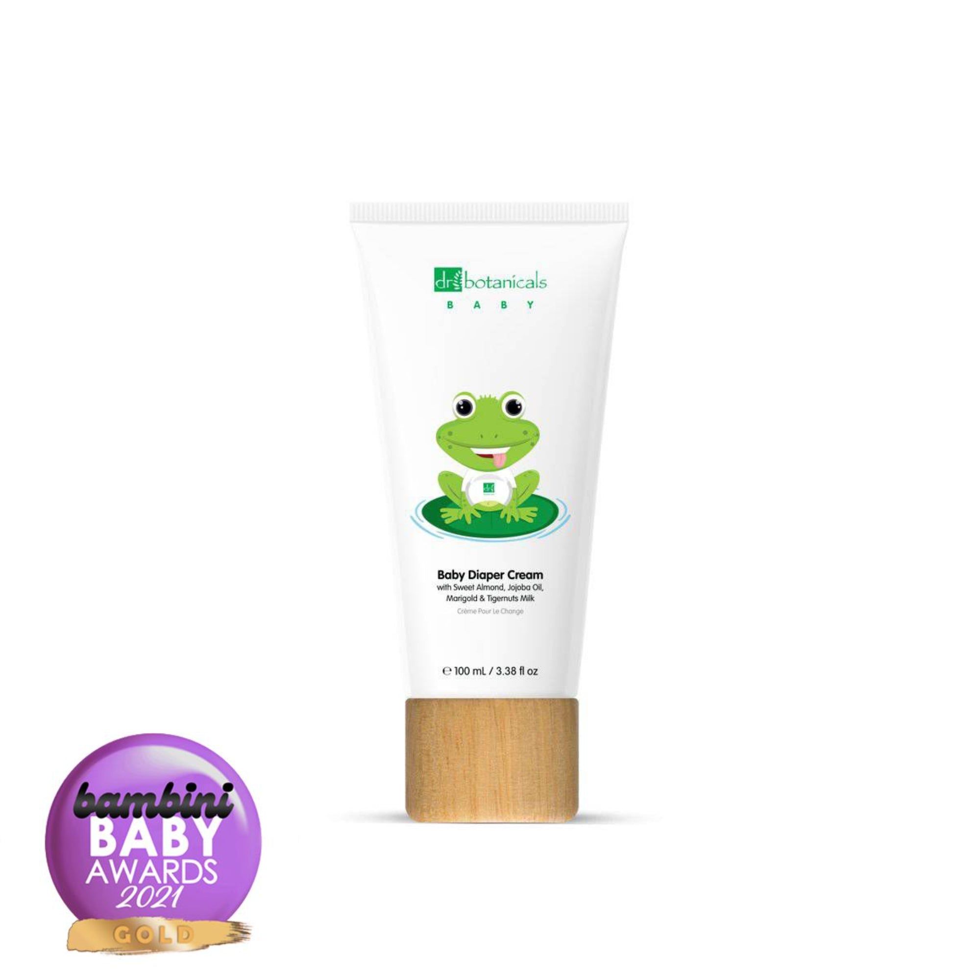 Creme-Tube mit Frosch-Illustration. Aufschrift: Baby Diaper Cream. Bambini Baby Awards 2021.