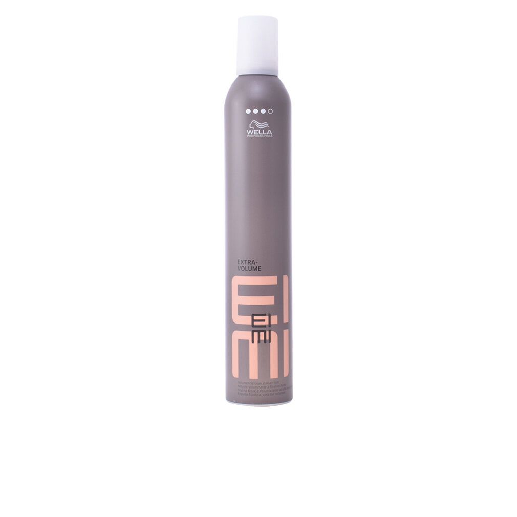 Wella Eimi Extra Volume Mousse Flasche mit weißem Verschluss. Grauer Behälter mit rosa Schriftzug.