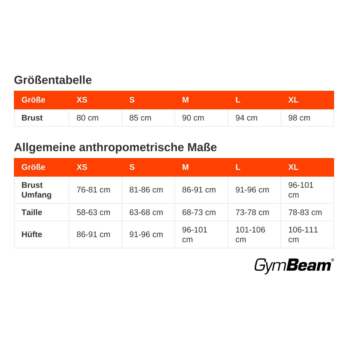 Größentabelle für Damen-Bikini-Oberteile in Schwarz, mit Maßen für Brust, Taille und Hüfte.