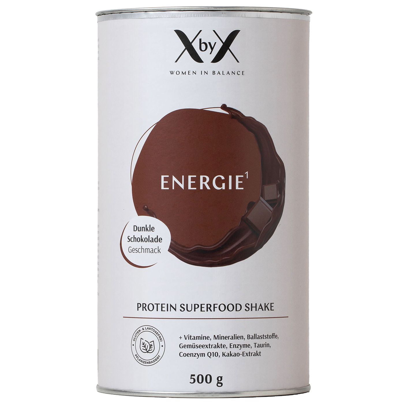XbyX® Energie Dunkle Schokolade Dose. Produktname, Logo, Inhaltsstoffe, 500g. Siegel für Qualität.