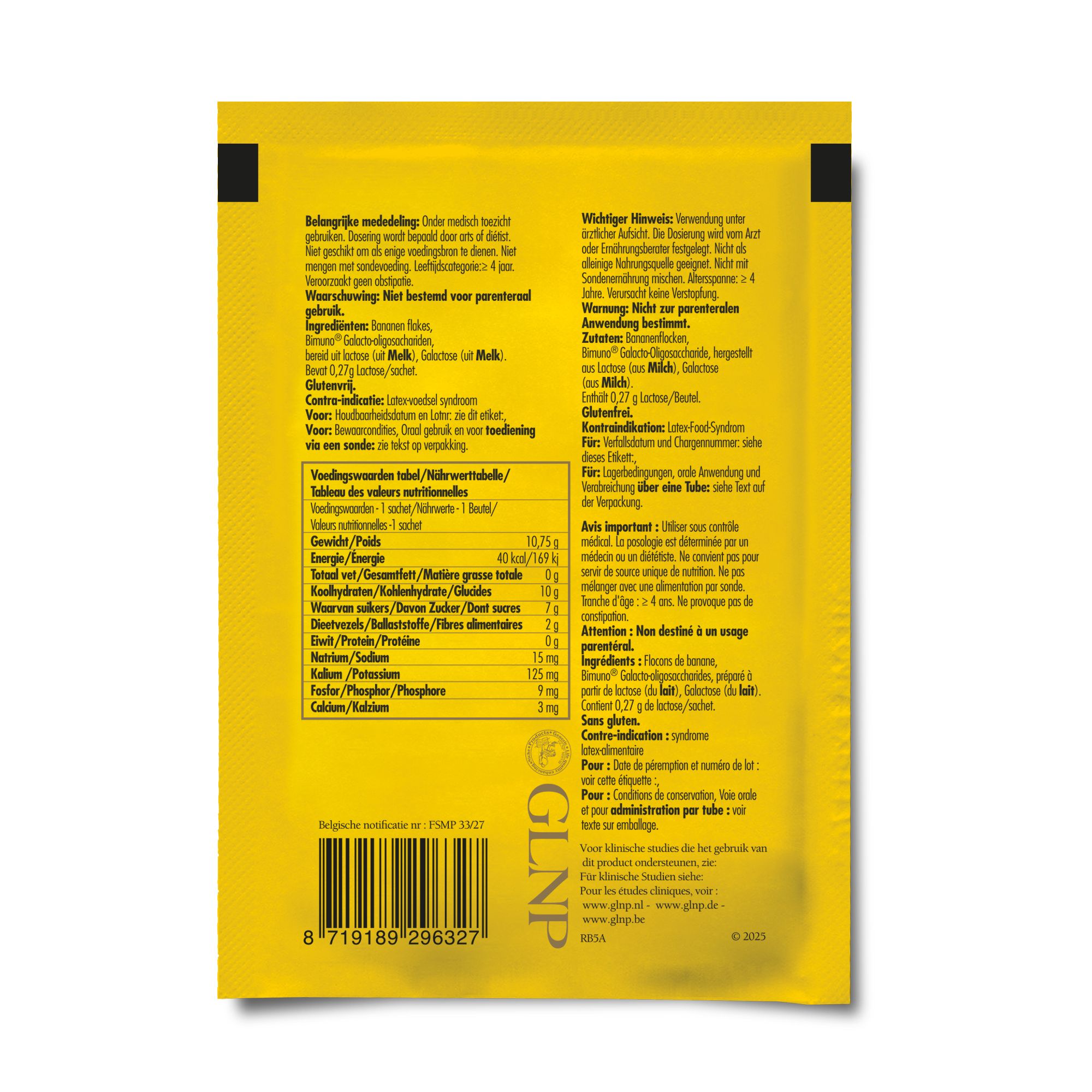 Gelbe Einzelverpackung mit Text. Enthält Informationen zu Inhaltsstoffen und Nährwerten. Barcode unten.