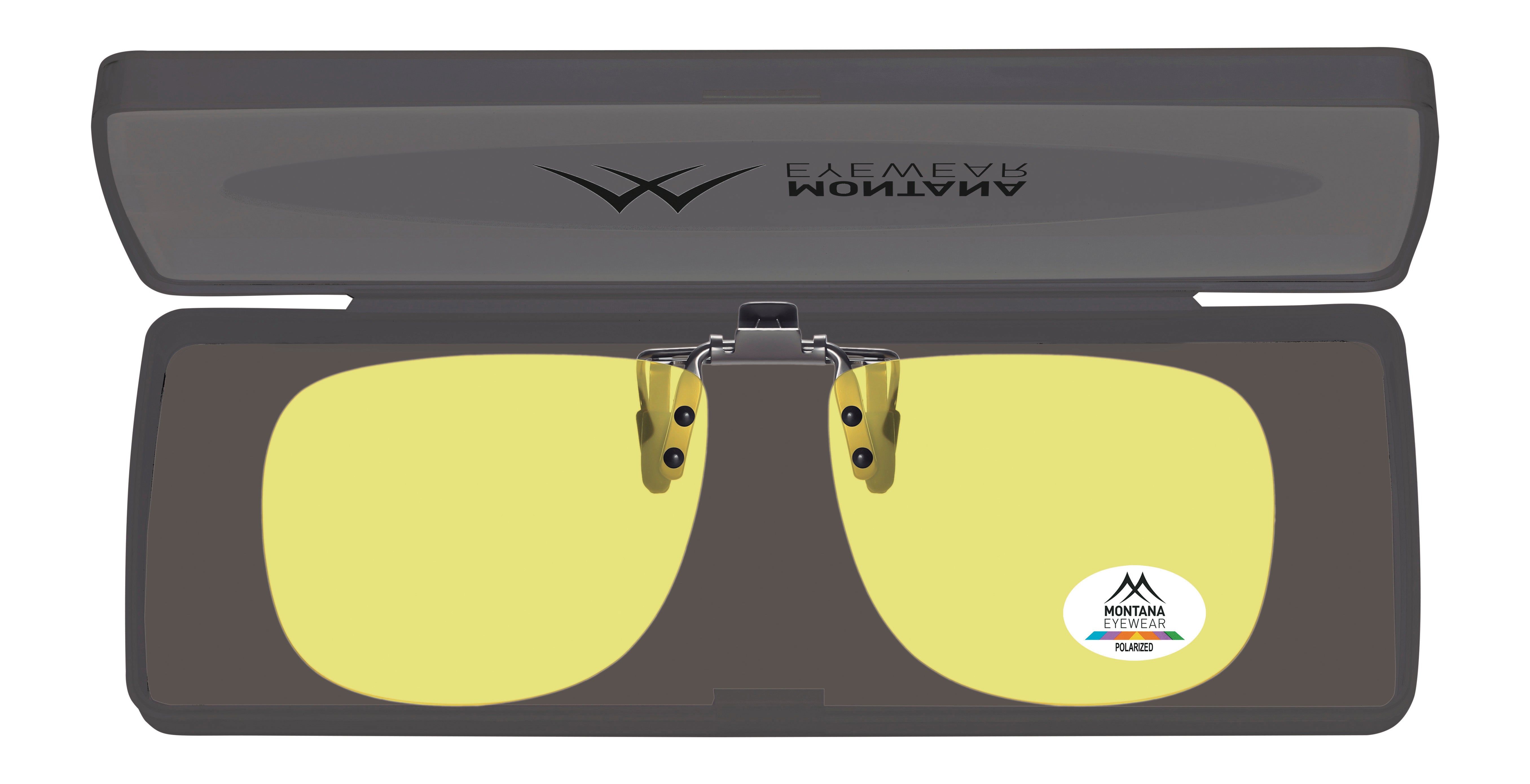 Montana Eyewear Mauritius Clip-on-Sonnenbrille in Etui. Gelbe Gläser, Metallclip, Polarized-Logo.