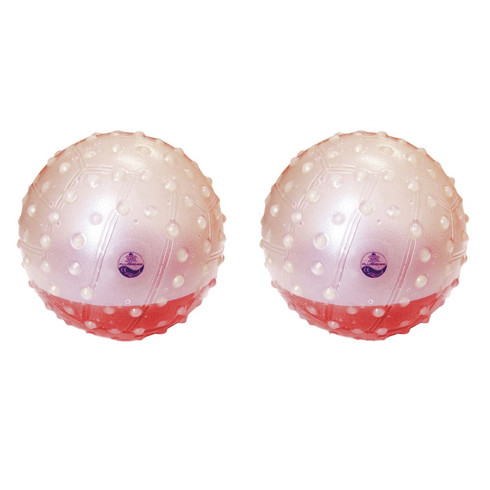 Zwei Gewichtsball Fluisense. Weiß-rosa, mit Noppen. Logo auf der Oberfläche. Roter Sockel.