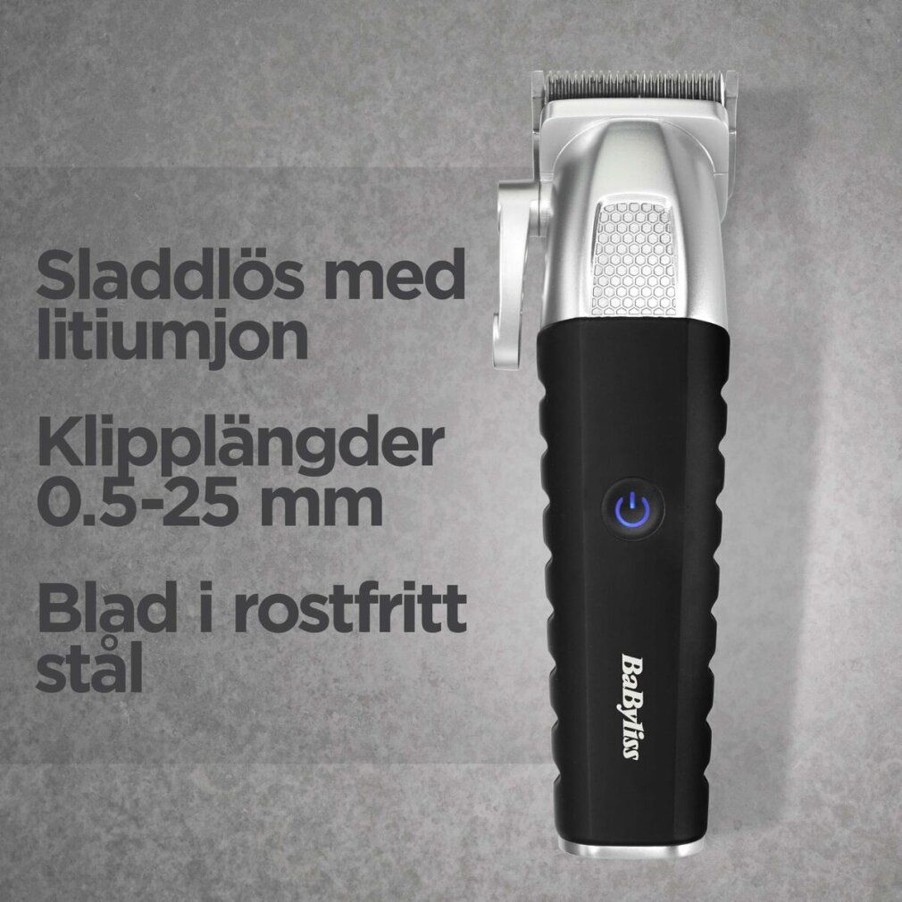 Bartschneider. Schwarzer Griff, silberfarbener Scherkopf. Text: Sladdlös med litiumjon, Klipplängder 0.5-25 mm, Blad i rostfritt stål.