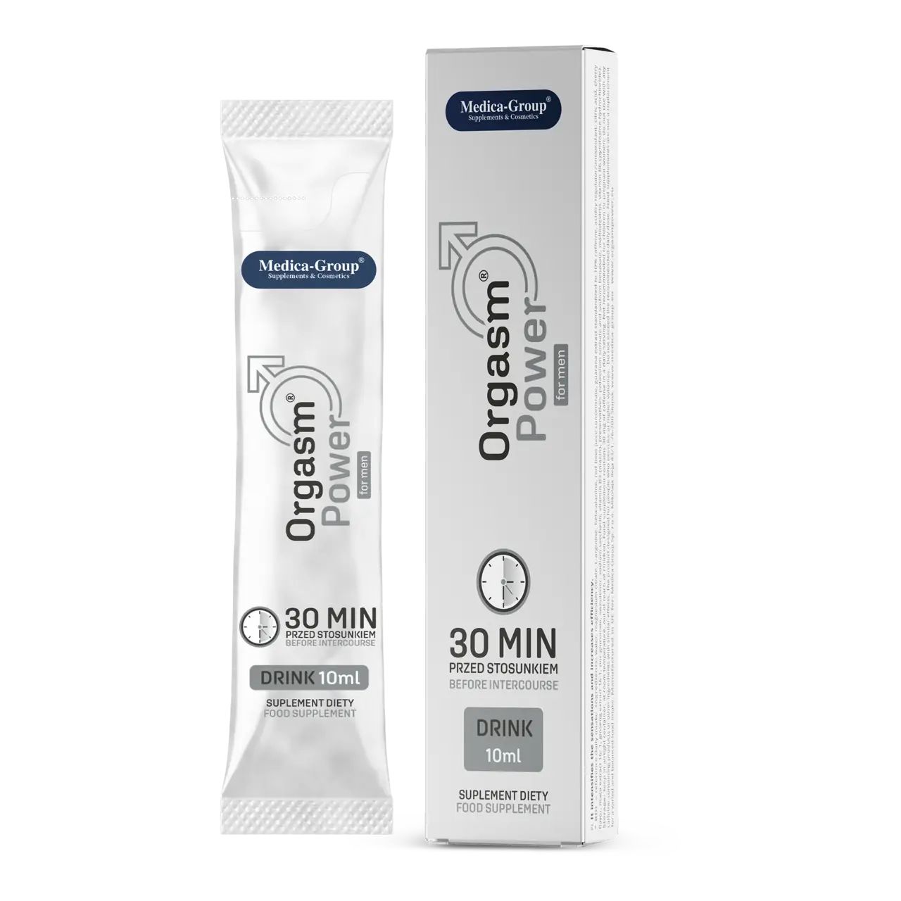 Beutel und Schachtel mit Produktaufschrift "Orgasm Power for Men". Text: "30 MIN VOR INTERKURS". Marke: Medica-Group. Drink 10ml.
