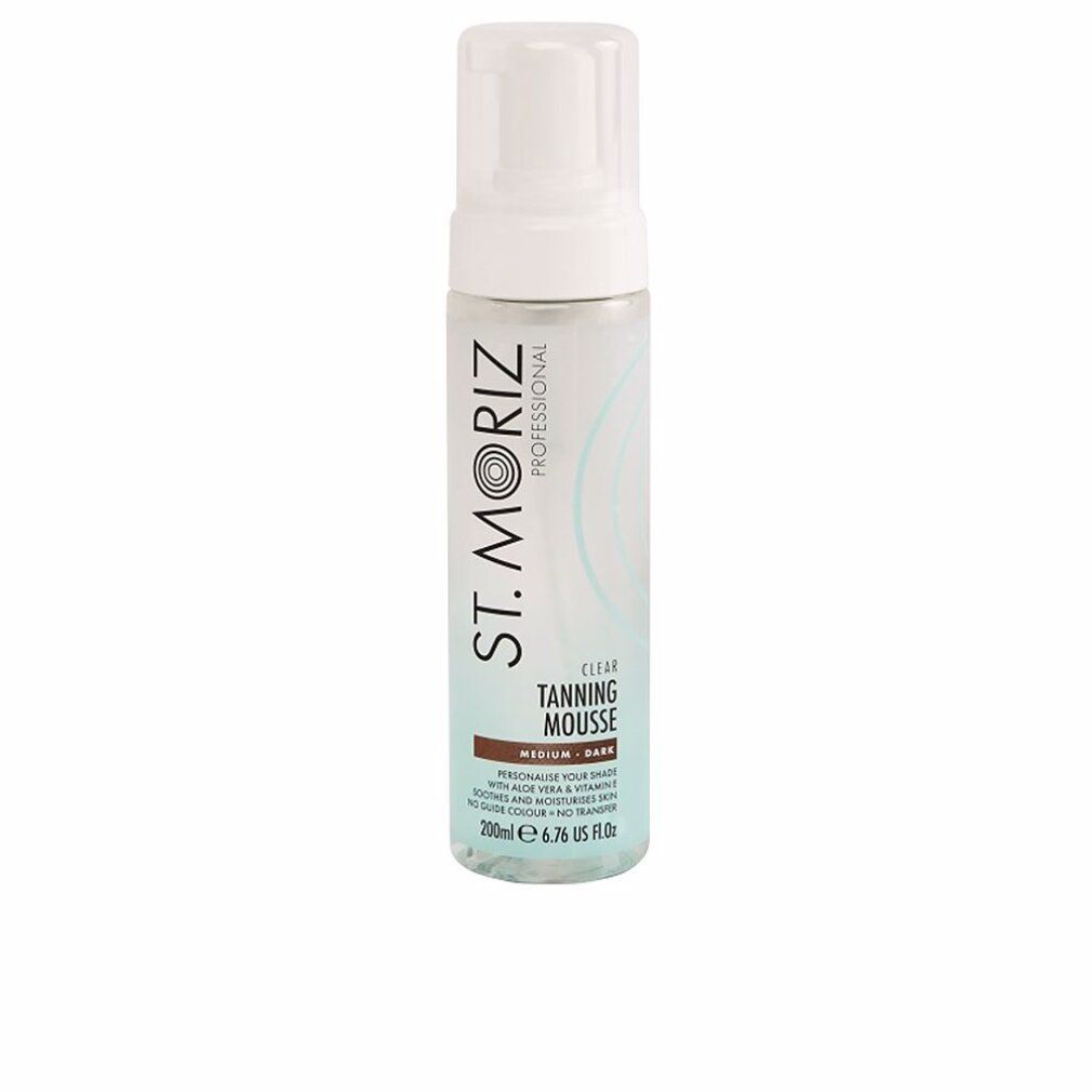 St. Moriz Clear Tanning Mousse Medium to Dark, Flasche mit blauen und braunen Akzenten.