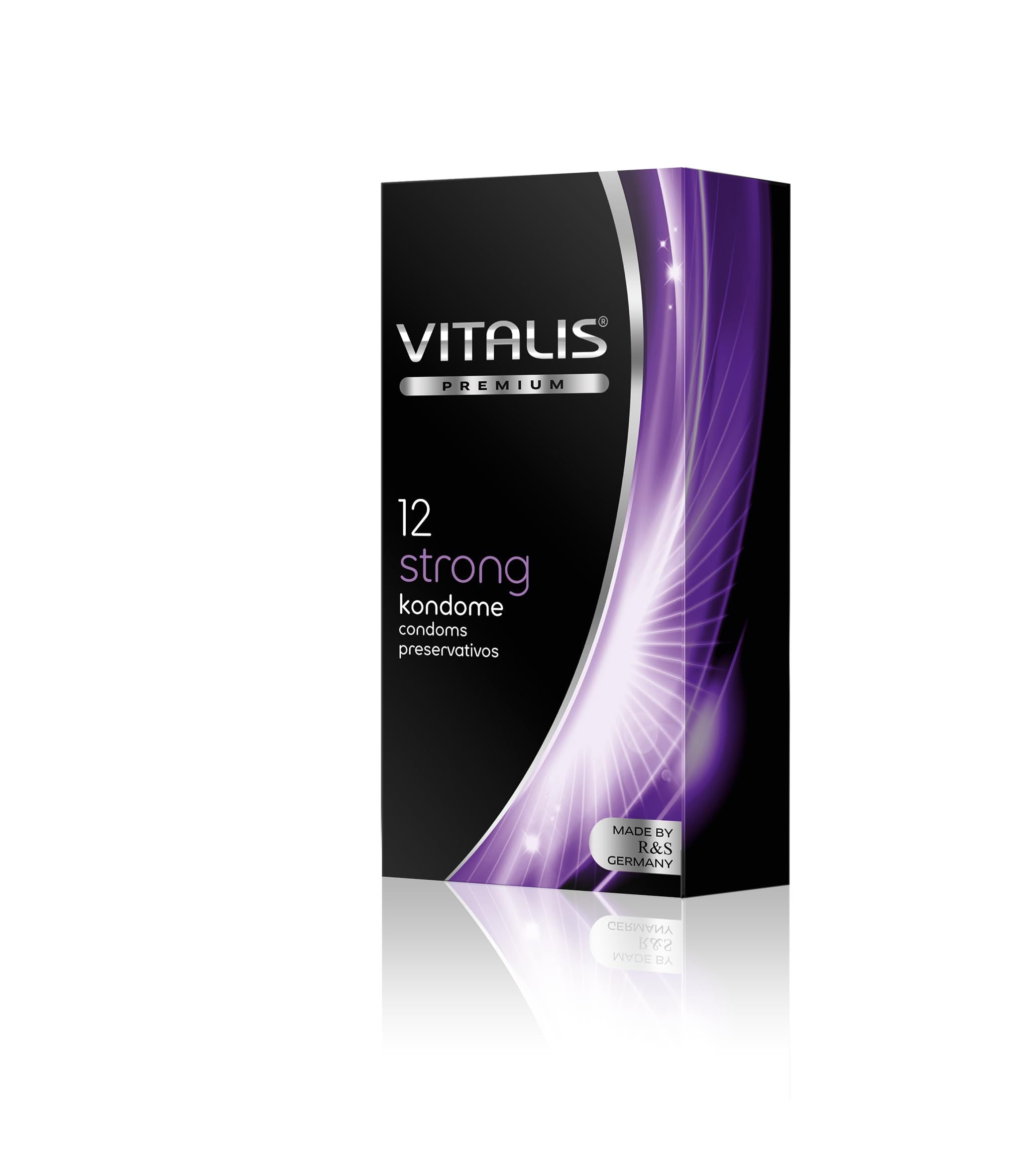 Vitalis PREMIUM Strong Kondom-Packung, 12 Stück. Schwarze Verpackung mit lila Akzenten.