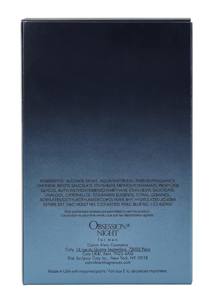 Rückseite der Verpackung von Calvin Klein Obsession Night for Men. Text mit Inhaltsstoffen und Hersteller.