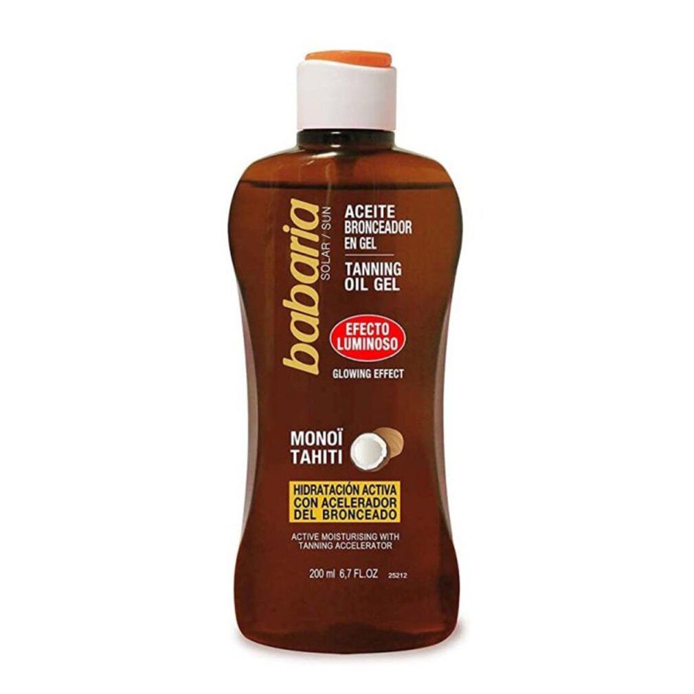 Babaria Tanning Oil Gel, braune Flasche. Aufschrift: Glow Effect, Monoi Tahiti, Aceite Bronceador en Gel. 200 ml.