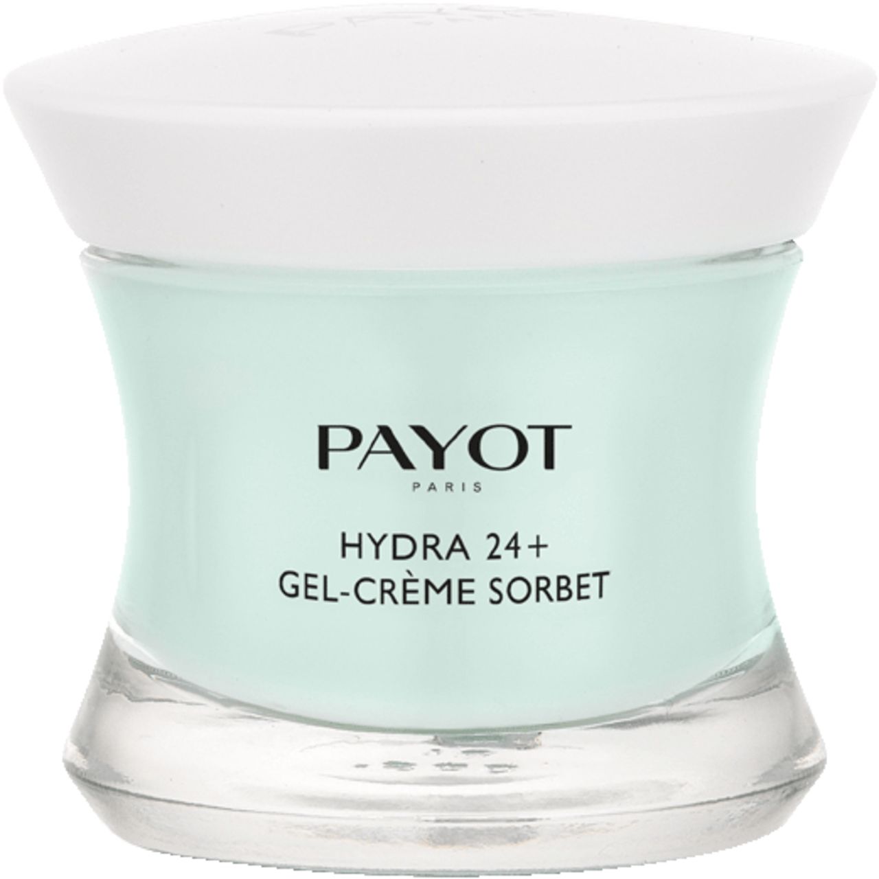 Payot Hydra 24+ Gel-Crème Sorbet. Hellgrünes Creme-Glas mit weißem Deckel. Schriftzug Payot und Produktname.