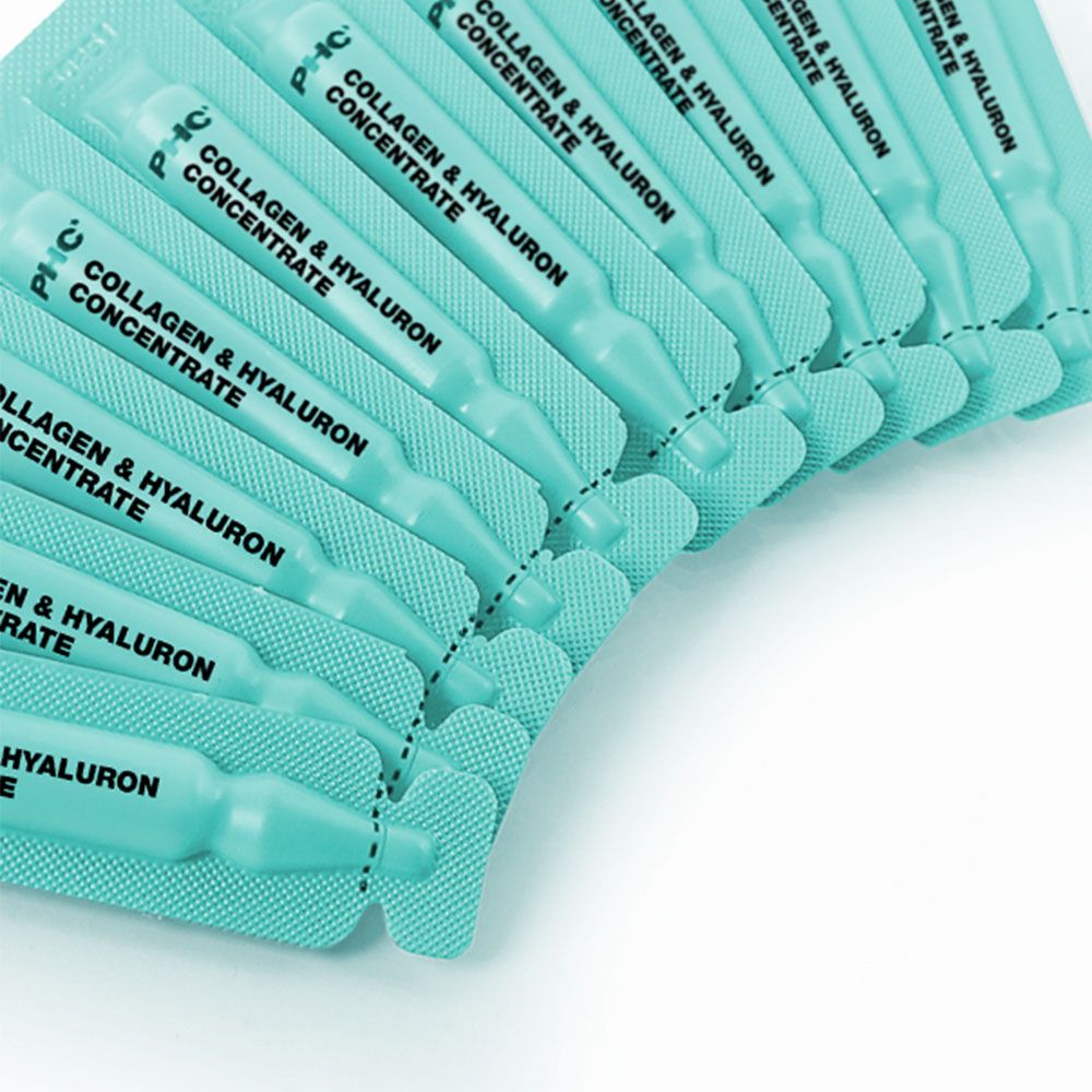 Reihe von Ampullen mit der Aufschrift "COLLAGEN & HYALURON CONCENTRATE" in hellblauer Verpackung.
