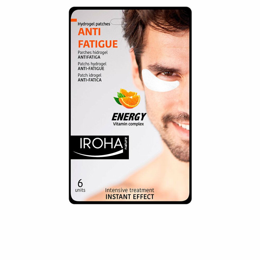 Verpackung mit Augen-Hydrogel-Pflastern. Text: Anti-Fatigue, IROHA, 6 Stück, Vitamin-Komplex, Instant-Effekt.