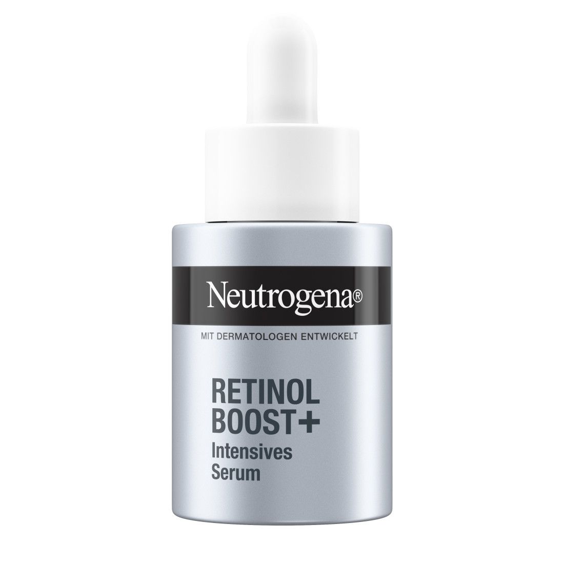Serumflasche mit weißem Deckel und Pipette. Aufschrift: Neutrogena, Retinol Boost+ Intensives Serum.