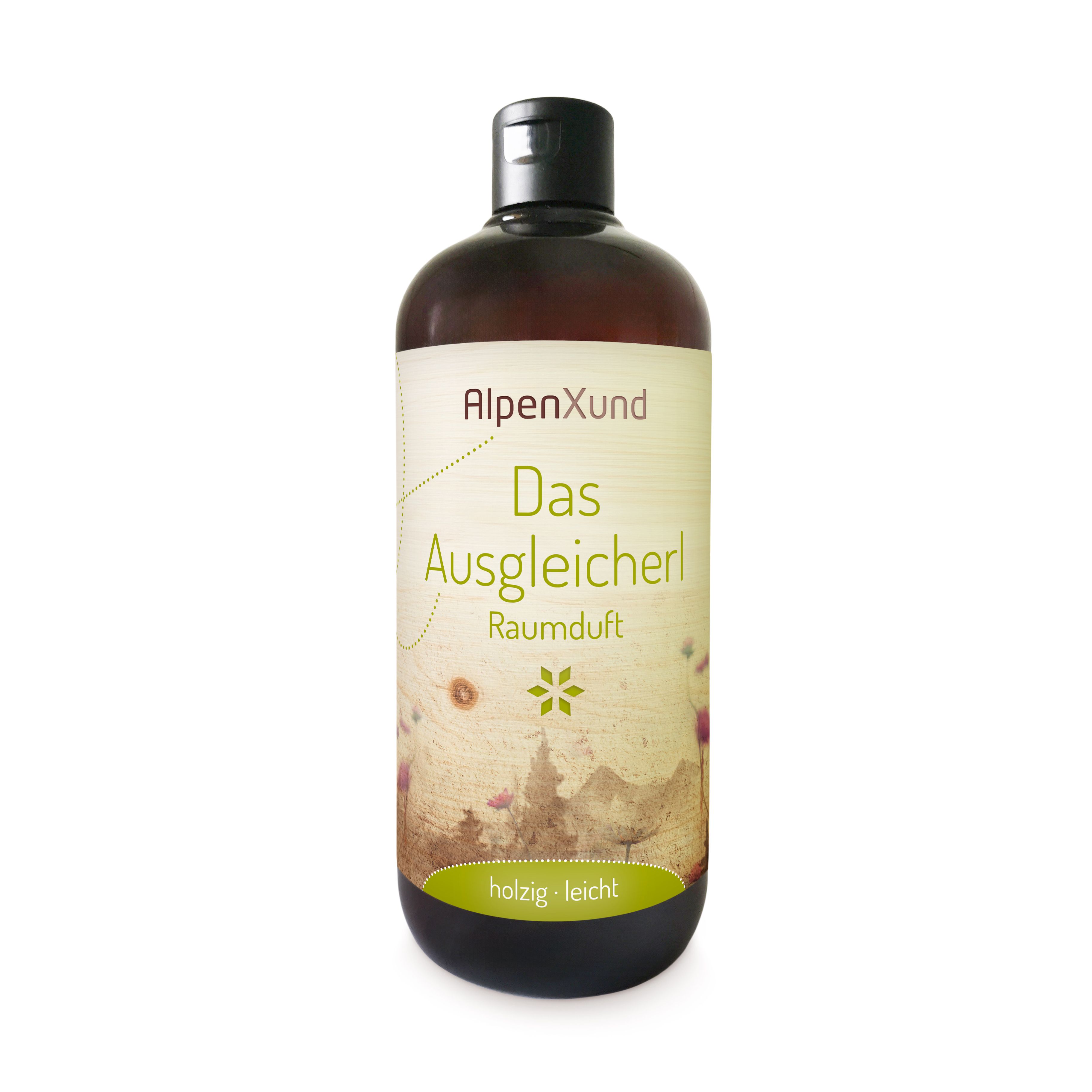 Braune Flasche mit schwarzem Deckel. Aufschrift: AlpenXund Das Ausgleicherl Raumduft. Etikett mit floralem Design. Holzige, leichte Duftnote.
