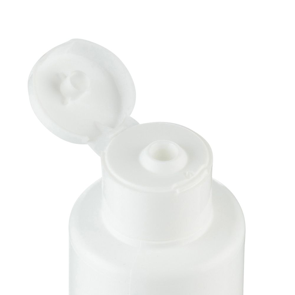 Nahaufnahme des geöffneten Klappdeckels einer weißen Gel-Flasche. Weiße Kunststoffkappe mit Ausgießöffnung.