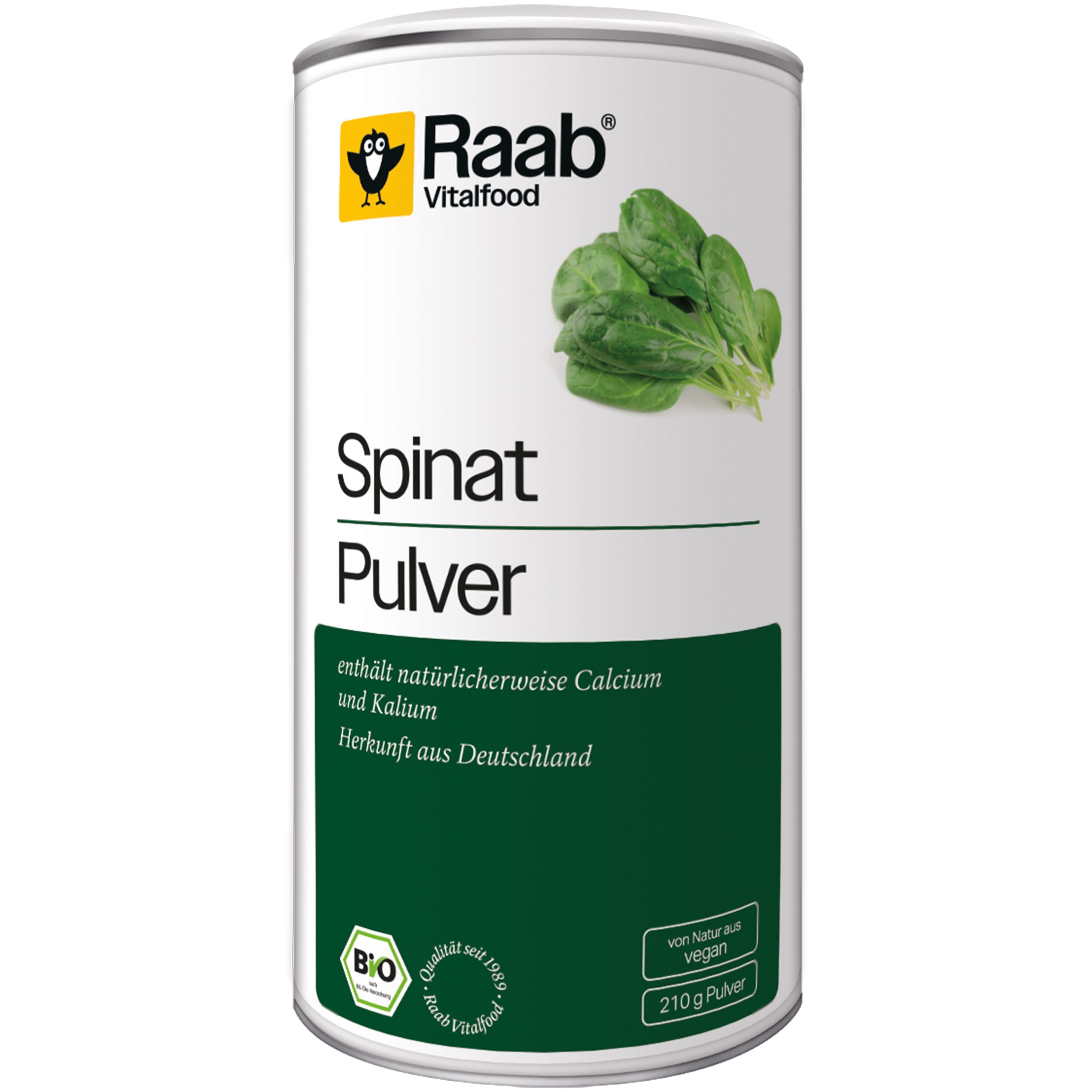 Zylindrische Dose mit Spinat Pulver. Aufschrift: Raab Vitalfood, Spinat Pulver, Bio-Siegel, 210g Pulver. Enthält Calcium und Kalium.