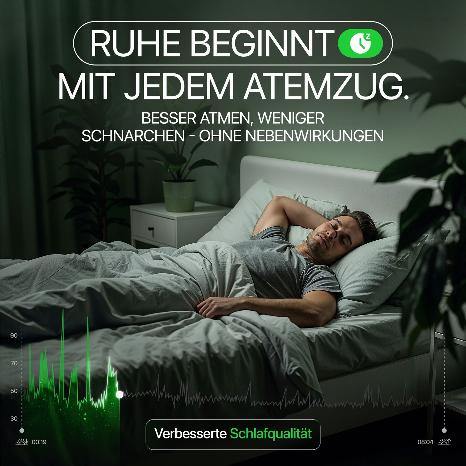 Mann liegt im Bett. Text: Ruhe beginnt mit jedem Atemzug. Besser atmen, weniger schnarchen. Diagramm mit grünen Linien.