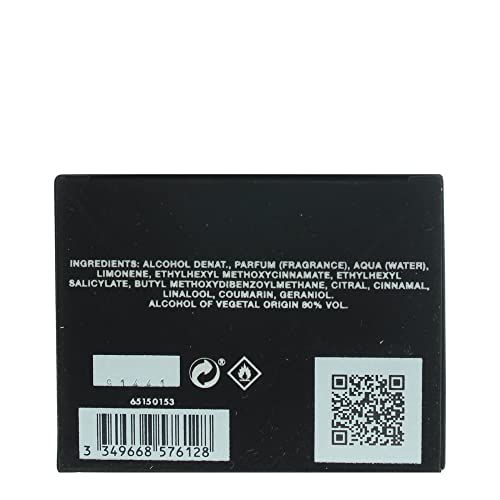 Schwarze Box mit Inhaltsstoffen, Barcode und QR-Code. Inhaltsstoffe: ALCOHOL DENAT., PARFUM, AQUA, etc.