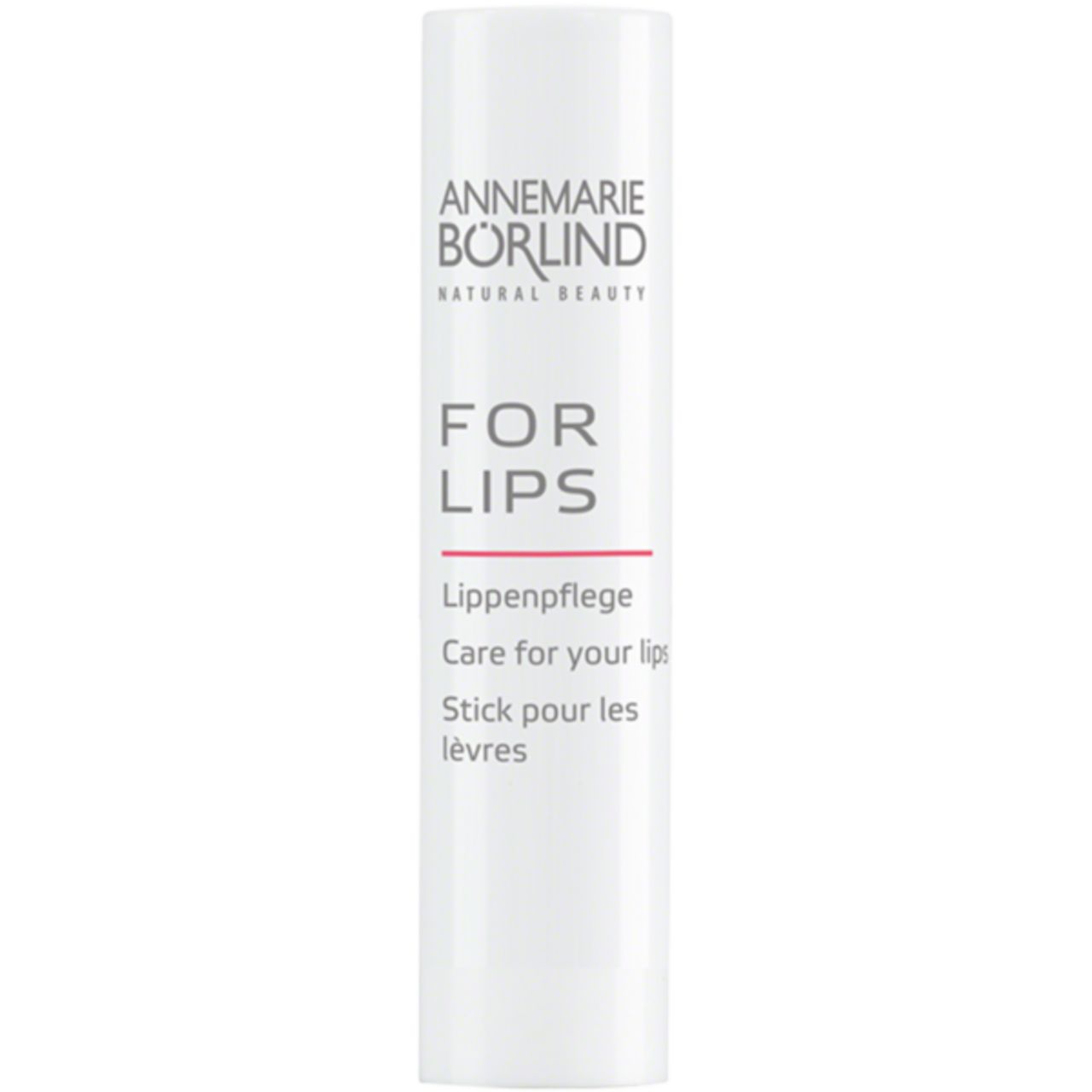 Weißer Lippenpflegestift. Marke: ANNEMARIE BÖRLIND FOR LIPS. Text: FOR LIPS, Schützende Lippenpflege.
