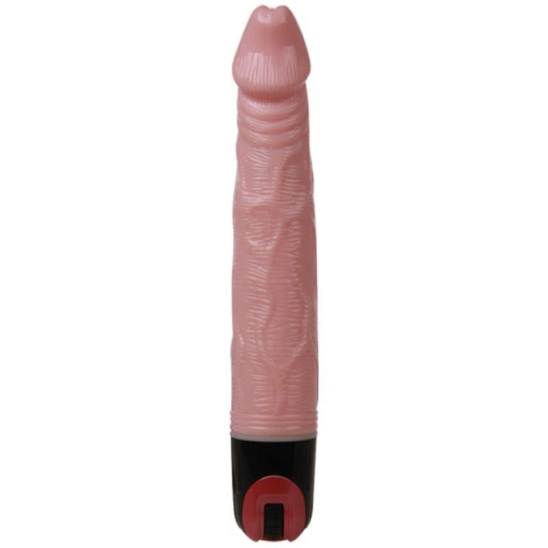 Rosa Vibrator mit schwarzem Griff und rotem Knopf. Geformt wie ein Penis mit geriffelter Oberfläche.