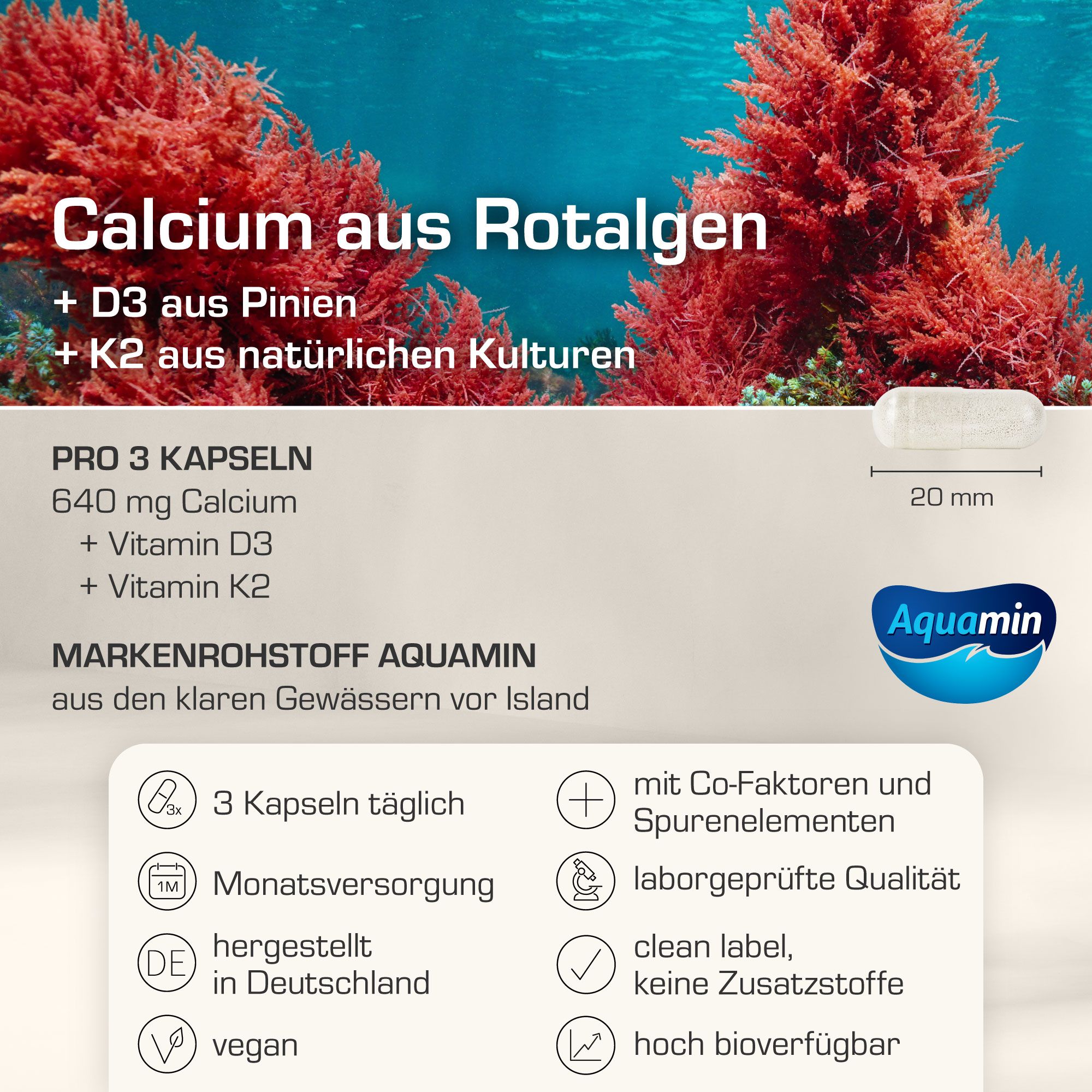 Kapsel mit 20 mm Länge. Text: Calcium aus Rotalgen, D3 aus Pinien, K2 aus natürlichen Kulturen. PRO 3 Kapseln, 640 mg Calcium, Vitamin D3, Vitamin K2.
