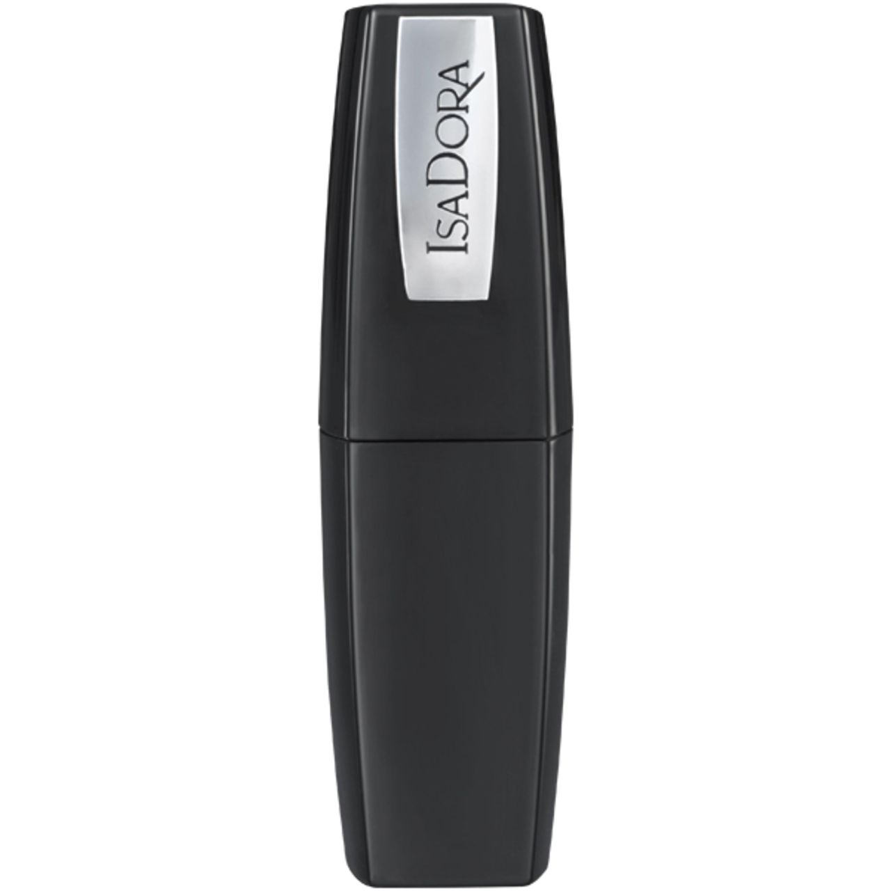 Schwarzer Lippenstift-Behälter mit IsaDora-Logo. Vertikale Form mit silbernem Akzent.