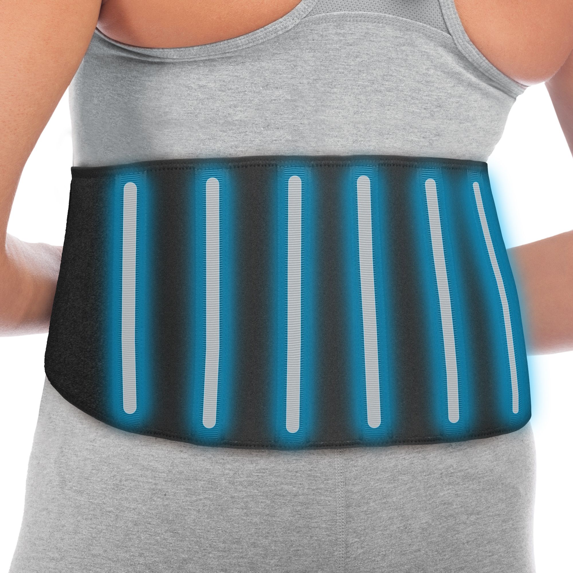 Support dorsal noir ajustable avec bandes lumineuses bleues. Fermeture velcro. Porté par une personne en tenue de sport. Gros plan.