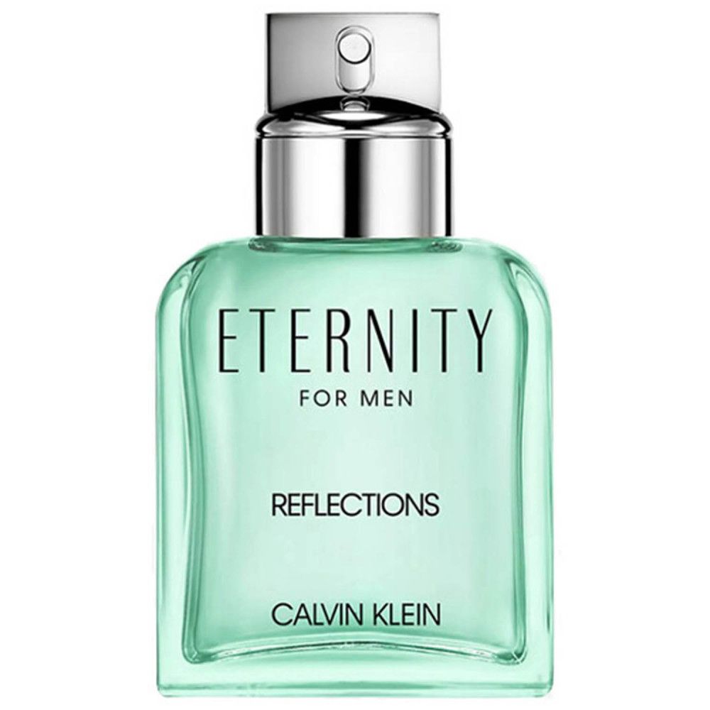 Hellgrüner Flakon mit silbernem Verschluss. Aufschrift: ETERNITY FOR MEN, REFLECTIONS, CALVIN KLEIN.
