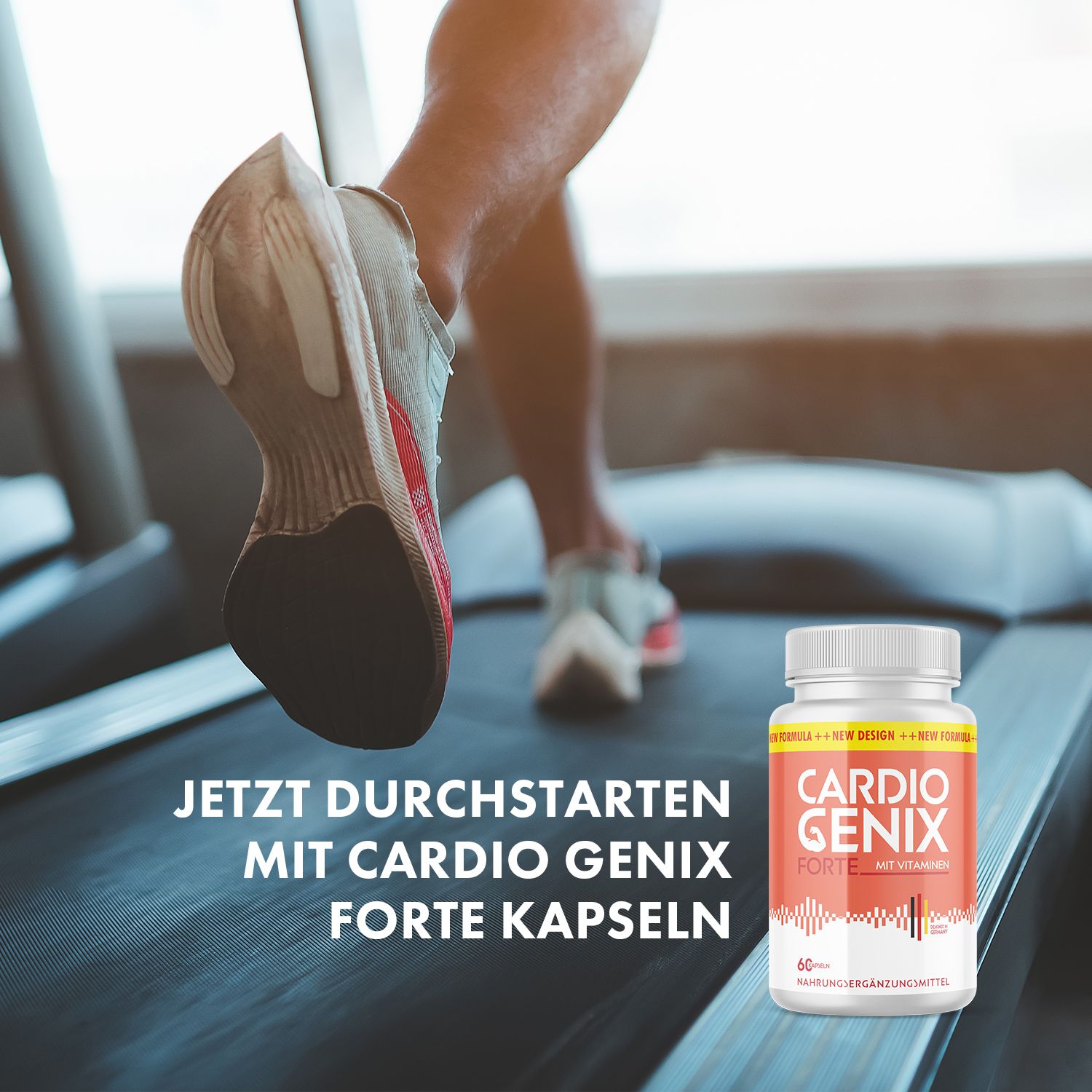 Person läuft auf einem Laufband. Rechts: Flasche mit rotem Etikett. Aufschrift: Cardio Genix Forte, 60 Kapseln.