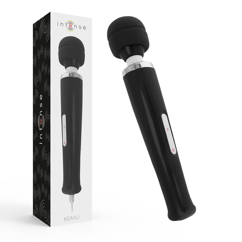 Schwarzer Wand-Massager mit schwarzem Kopf und weißem Kabel. Verpackung mit Produktnamen und Logo.