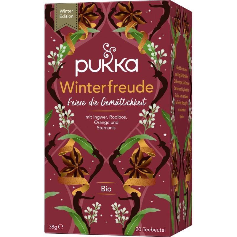 Karton mit Pukka Bio Kräutertee Winterfreude. Aufschrift: Winterfreude, Bio, 20 Teebeutel, 38g. Mit Ingwer, Rooibos, Orange und Sternanis.