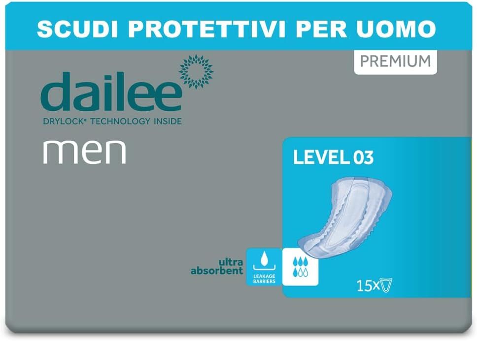 Verpakking van Dailee Men Premium Level 3. Grijs-turquoise ontwerp met productafbeelding en tekst: "LEVEL 03", "ultra absorbent", "15x".