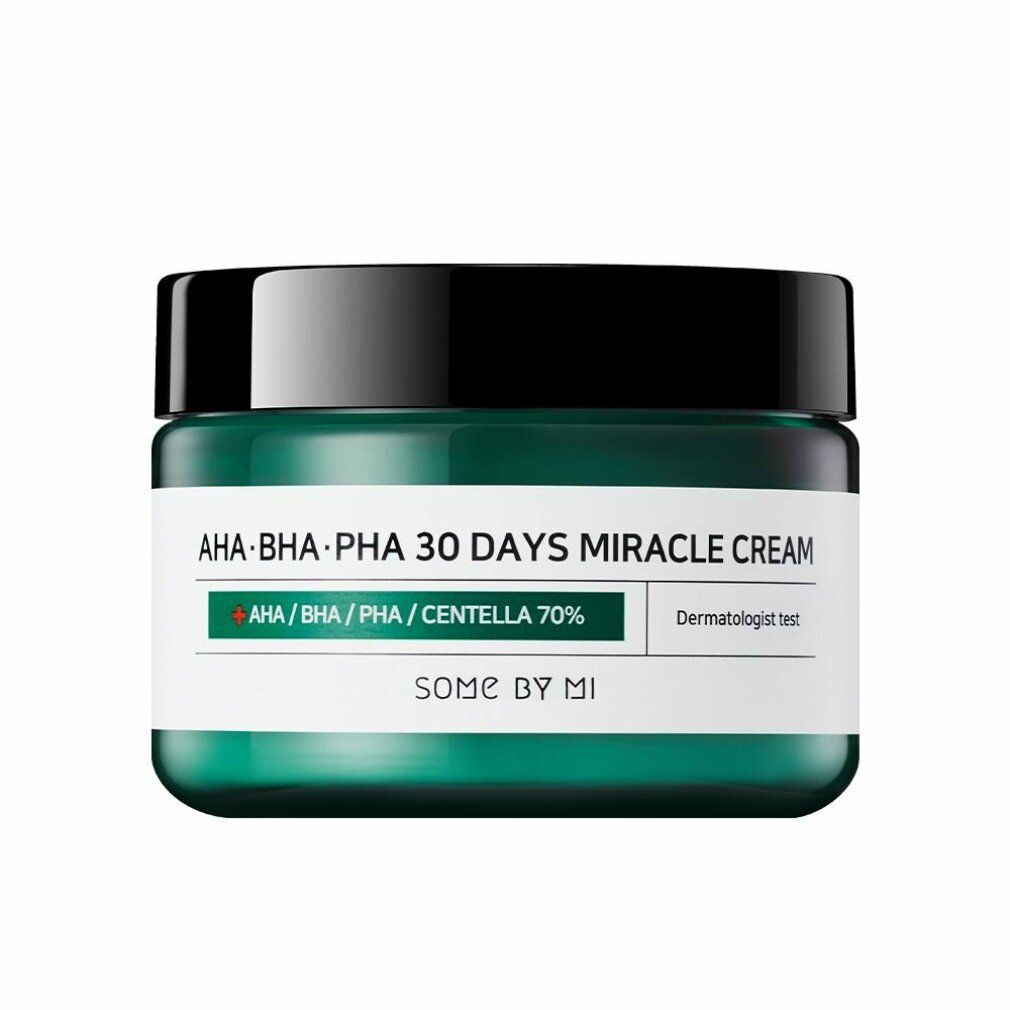Grünes Creme-Glas mit schwarzem Deckel. Aufschrift: AHA.BHA.PHA 30 DAYS MIRACLE CREAM. SOME BY MI. Mit Inhaltsangaben und Zertifizierung.