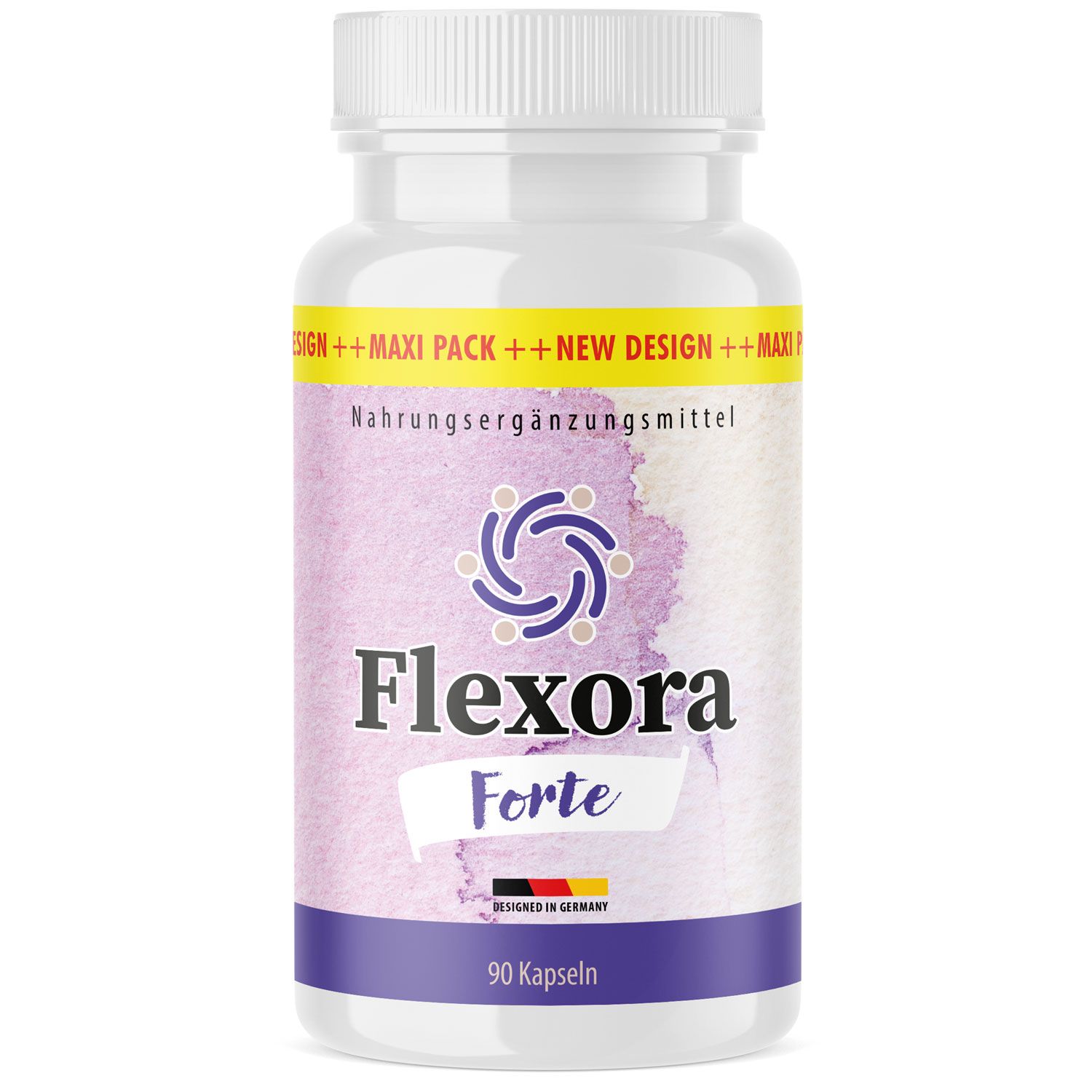 Weiße Flasche mit Flexora Forte Kapseln. Aufschrift: 90 Kapseln. Logo und Produktname auf dem Etikett. Hergestellt in Deutschland.