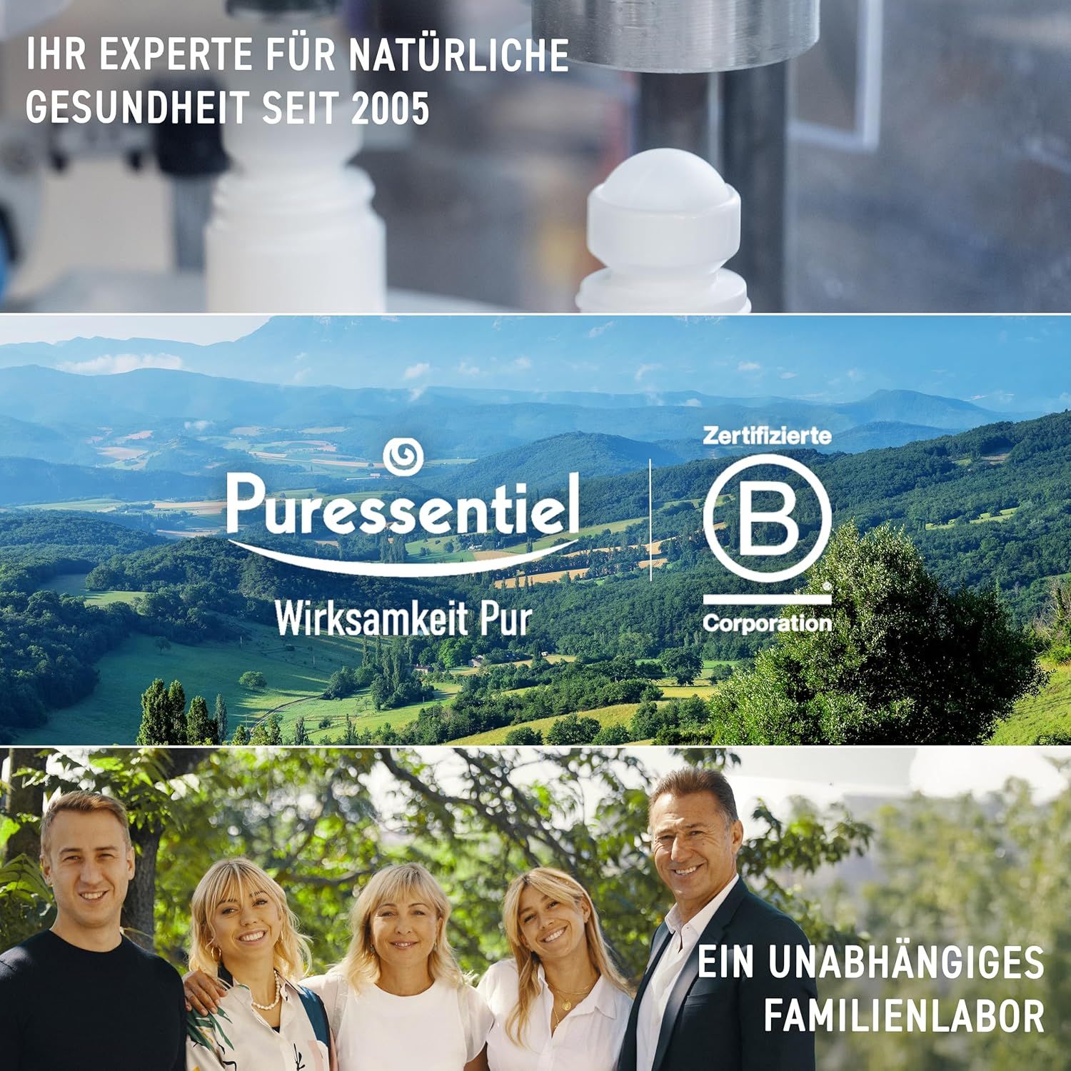 Logo: Puressentiel. Text: Ihr Experte für natürliche Gesundheit seit 2005. Logo: B Corp. Familienlabor.