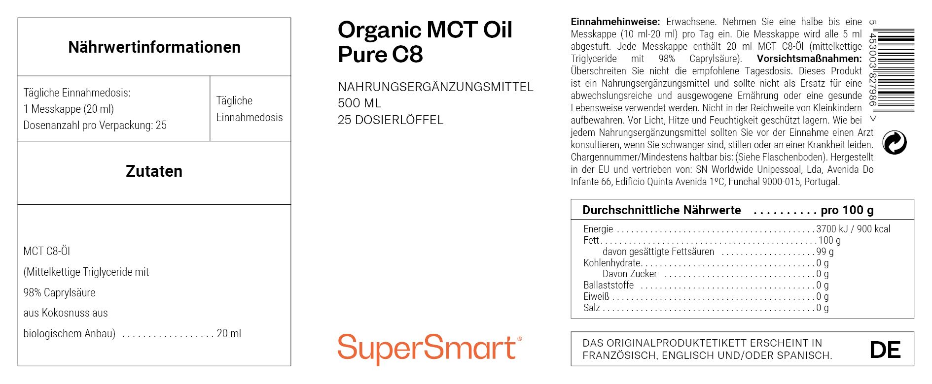 Etikett mit Informationen zu MCT-Öl Pur C8. Enthält Nährwertangaben, Inhaltsstoffe und Gebrauchsanweisungen. Marke: SuperSmart.