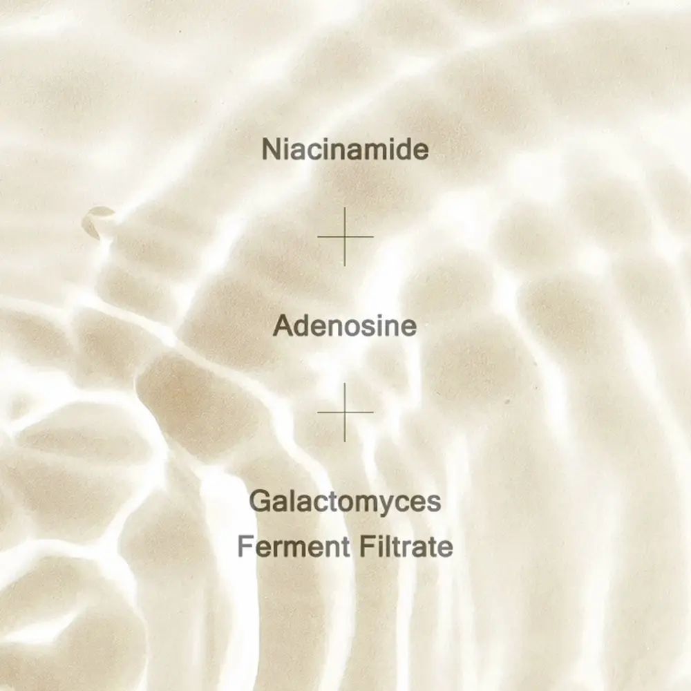 Abstrakte Darstellung von Inhaltsstoffen: Niacinamid, Adenosin, Galactomyces Ferment Filtrat.