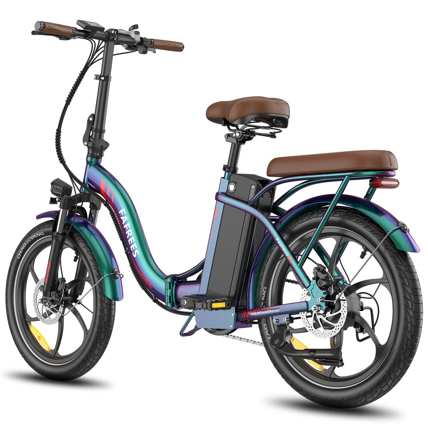 Faltbares E-Bike, blau-grün, brauner Sattel und Gepäckträger. Schwarze Reifen, Felgen und Akku. Marke FAFREES.