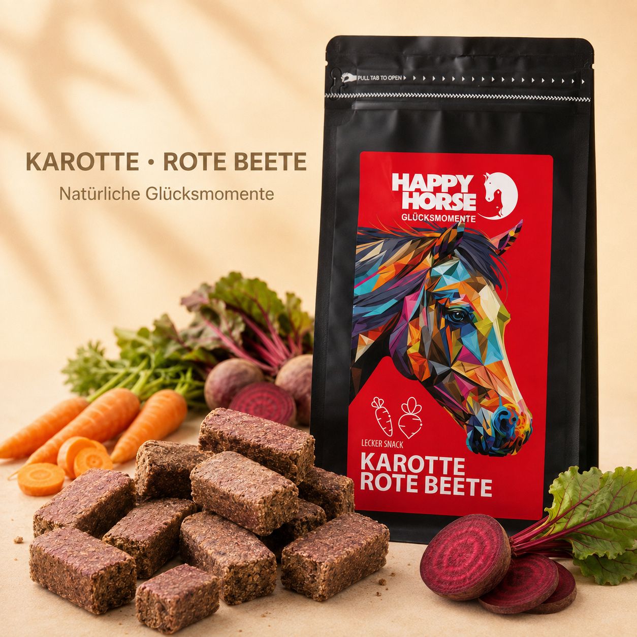 Happy Horse Lecker Snack Karotte Rote Beete Beutel mit Snacks, Karotten und roten Beeten.