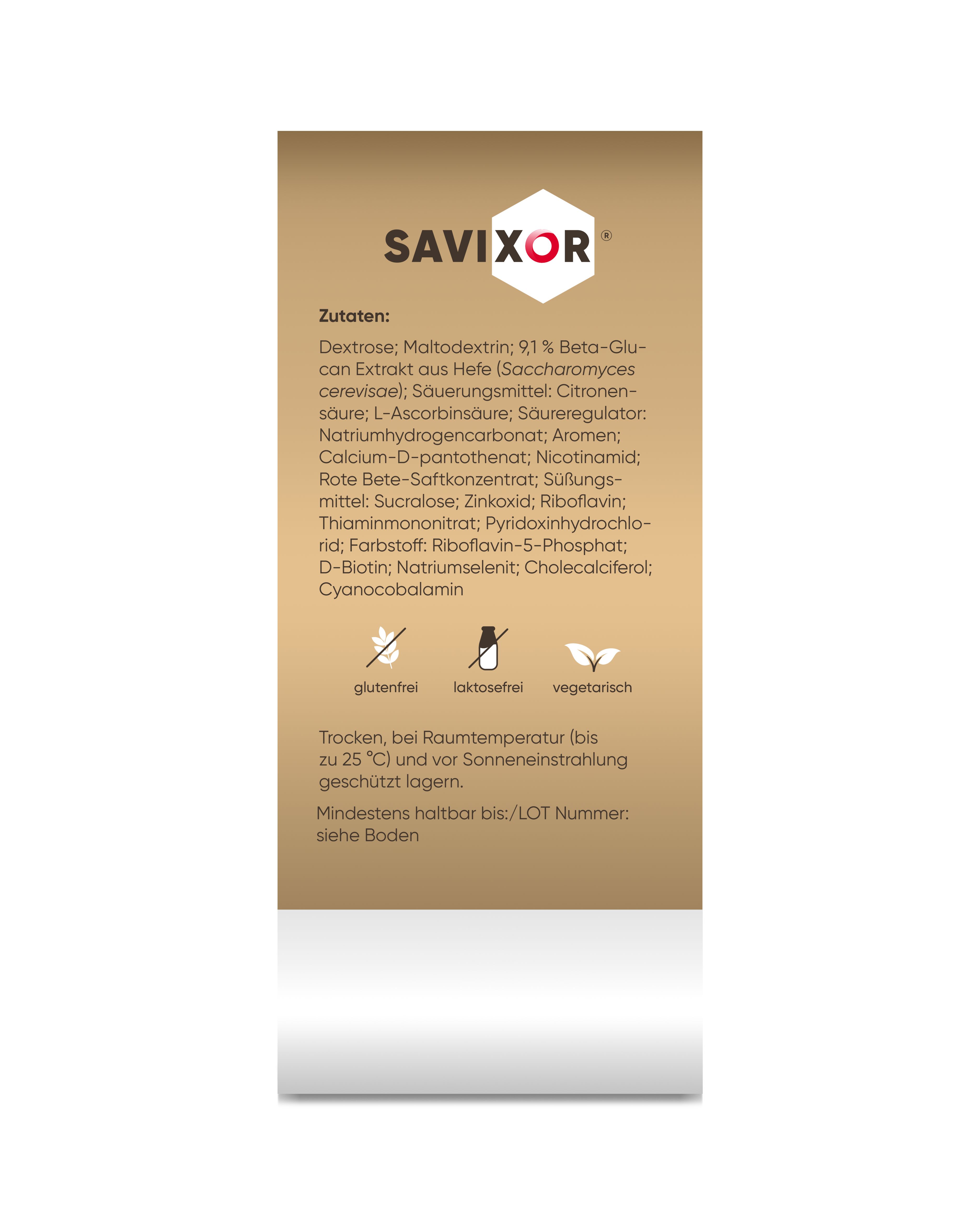 Braune Verpackung mit Zutatenliste. Enthält Dextrose, Beta-Glucan, Vitamine und Mineralstoffe. Marke: Savixor.