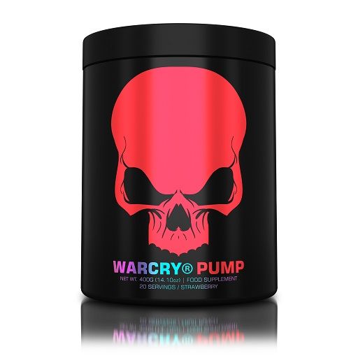Schwarze Dose mit rotem Totenkopf-Design. Aufschrift: WARCRY® PUMP, Nettogewicht 400g, Nahrungsergänzungsmittel, 20 Portionen, Erdbeere.