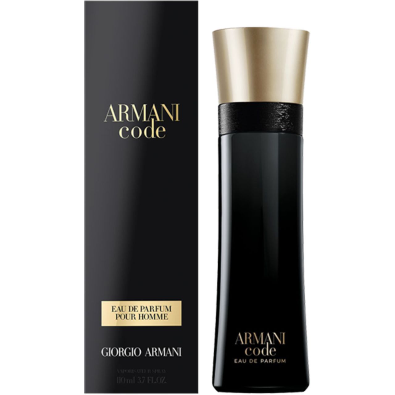 Schwarze Verpackung und Flakon. Aufschrift: Armani Code Eau de Parfum Pour Homme.