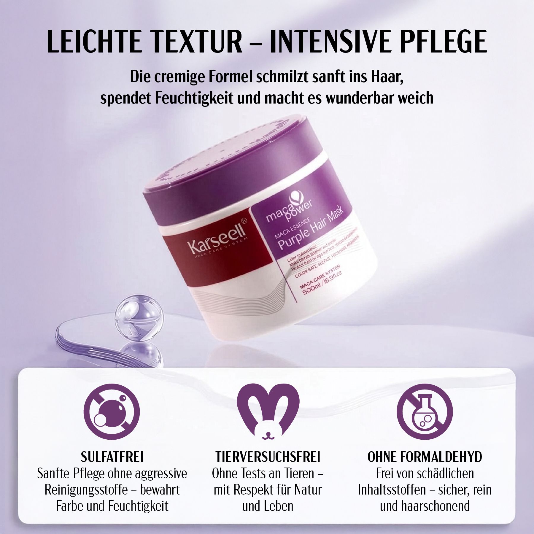 Karseell Haarmaske Purple. Produktverpackung mit Text und Icons. Text: Leichte Textur - Intensive Pflege.