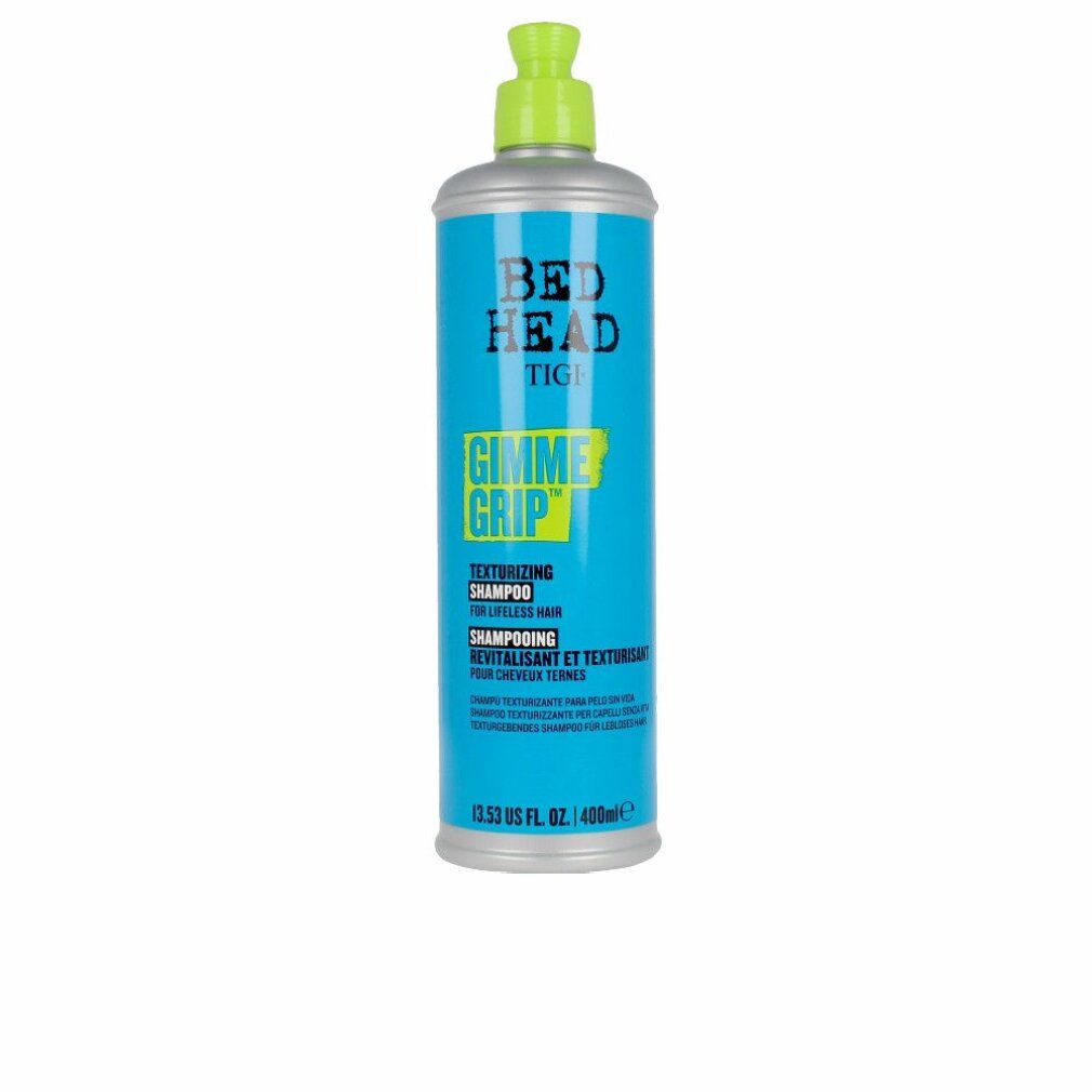 Türkisblaue Shampoo-Flasche mit grünem Pumpkopf. Aufschrift: Bed Head TIGI Gimme Grip Texturizing Shampoo.